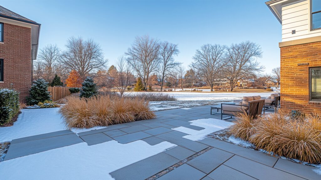 Winterrabatt Garten im Winter Schnee auf Plattenbelag